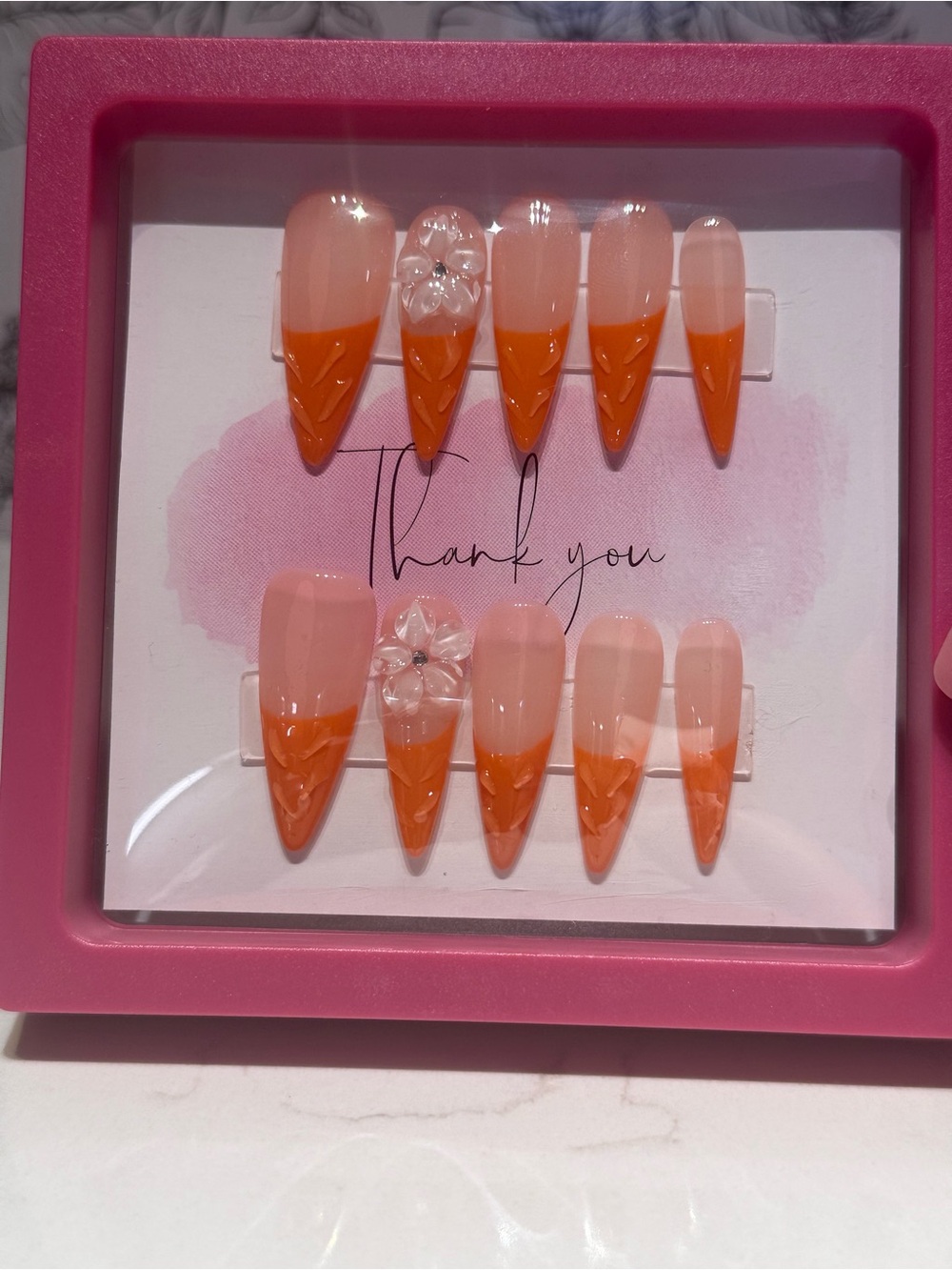Handcrafted Orange Ombre Floral Accent Press-On Nails by
